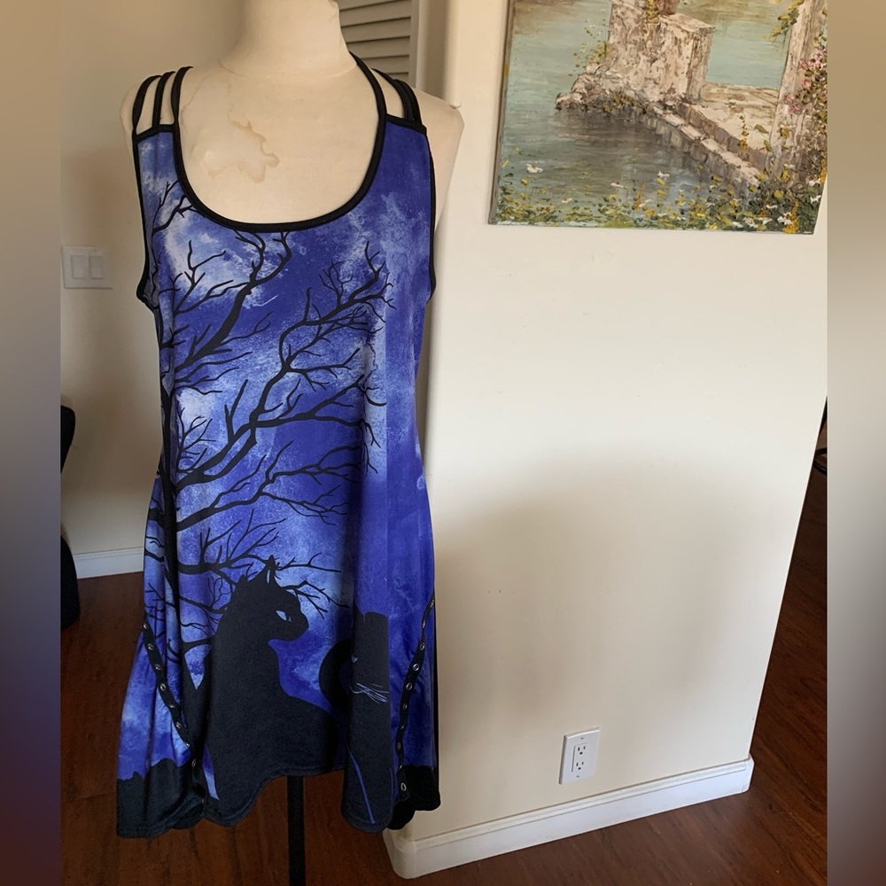 Purple Moonlight black cat Print Tank Dress